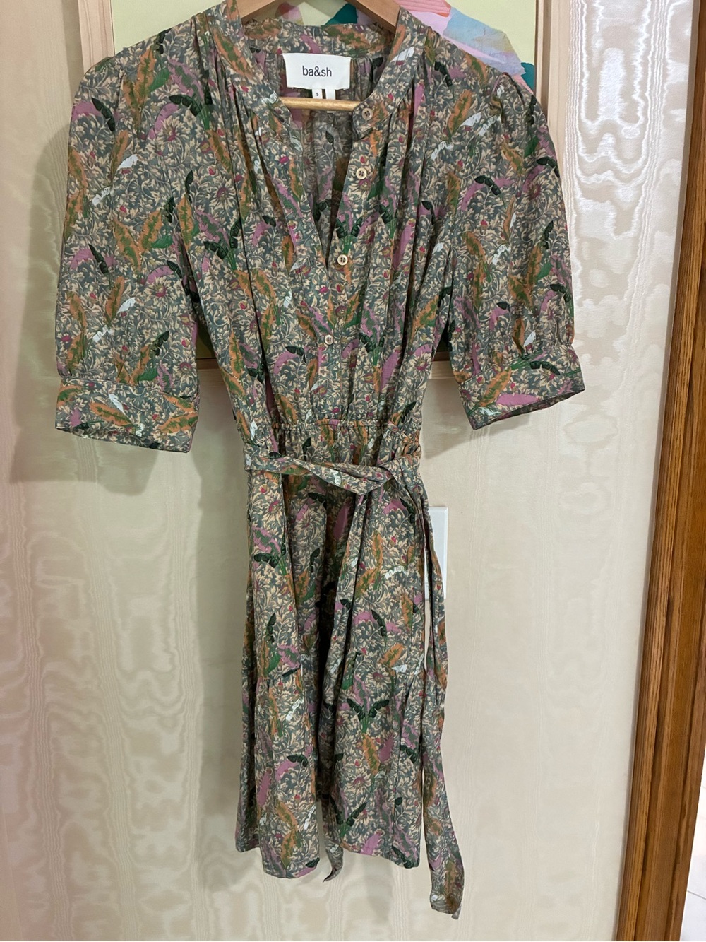 ba&sh Green Floral Belted Midi Dress with Pink & Mustard Accents